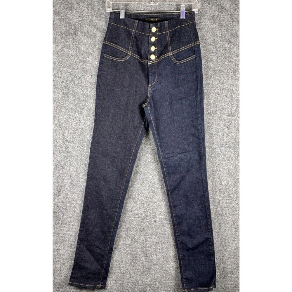 LVL X Denim Womens L High Rise Button Fly Skinny Jeans Dark Wash Made USA